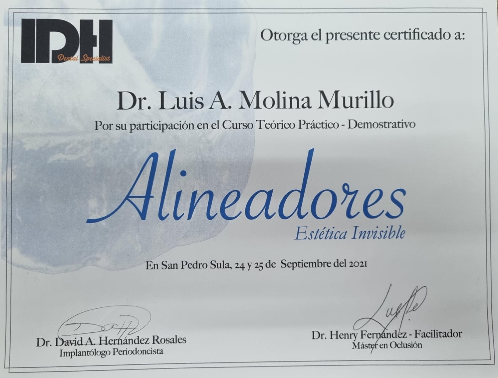 Certificado de participación en Curso teórico práctico - demostrativo en IDH