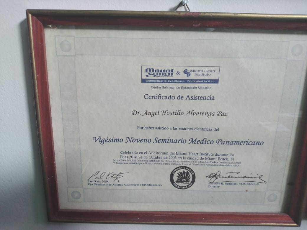 Certificado de Asistencia a las Sesiones Científicas del Vigésimo Noveno Seminario Médico Panamericano